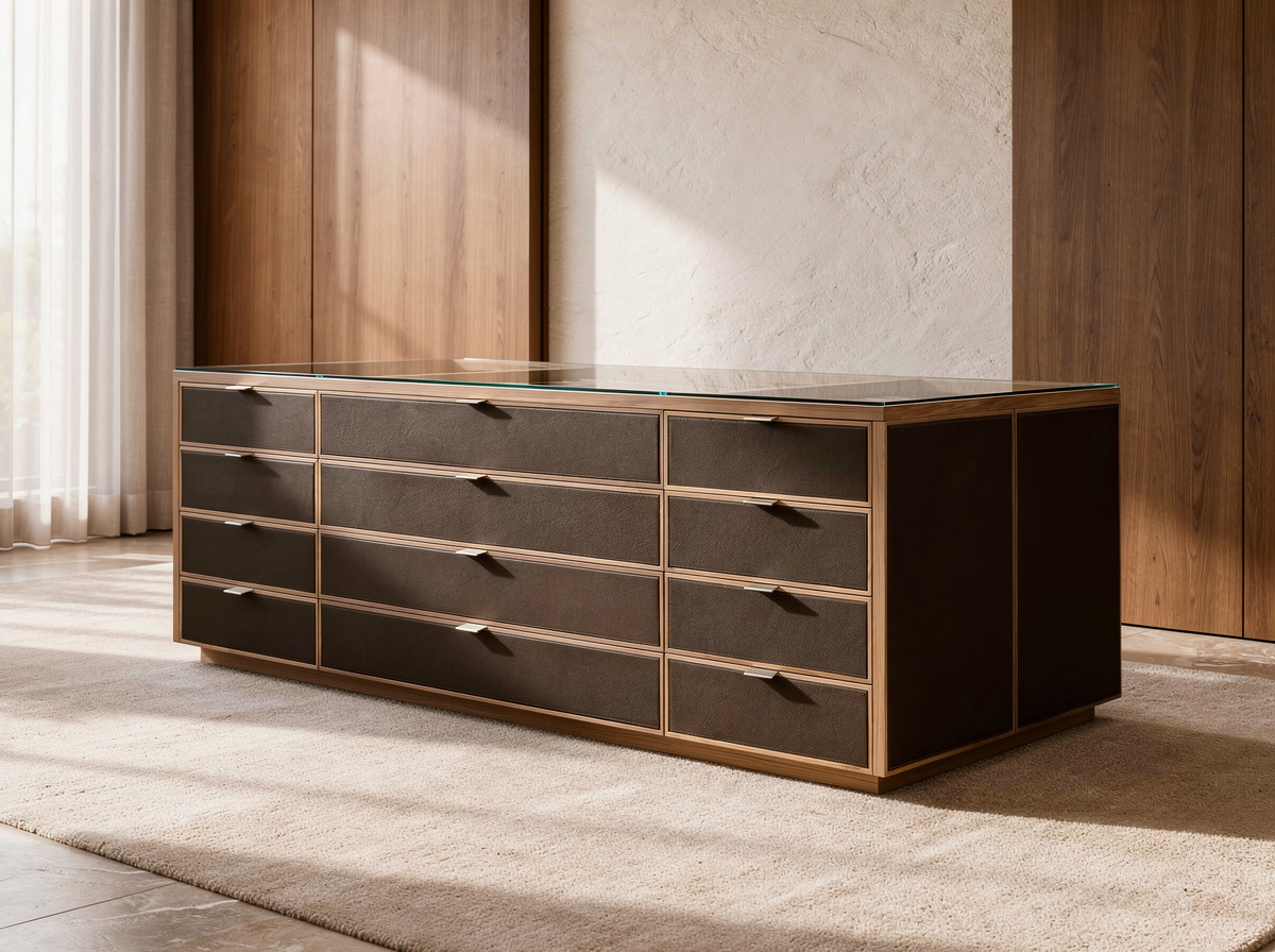 Comò elegante con finiture in legno e vetro, dal design moderno e raffinato, simbolo di un arredo di lusso artigianale su misura. Arredamenti Fagnini – Arredo su misura per spazi esclusivi, con mobili personalizzati in legno, arte artigianale e design contemporaneo a Firenze | Blog 2026/1 - Made in Italy nel Legno: Tradizione Artigiana e Visione Internazionale | Blog Arredamenti Fagnini Firenze - Arredamenti Fagnini s.r.l. Via Pistoiese 247/A - 50145 Firenze (FI)